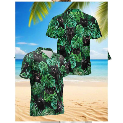 Black Cat Hawaiian Shirt for Men, Button Down Aloha Shirt - Azhawaiian