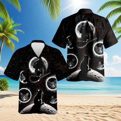 Black Cat Moonlight Hawaiian Shirt for Men, Button Down Aloha Shirt - Azhawaiian