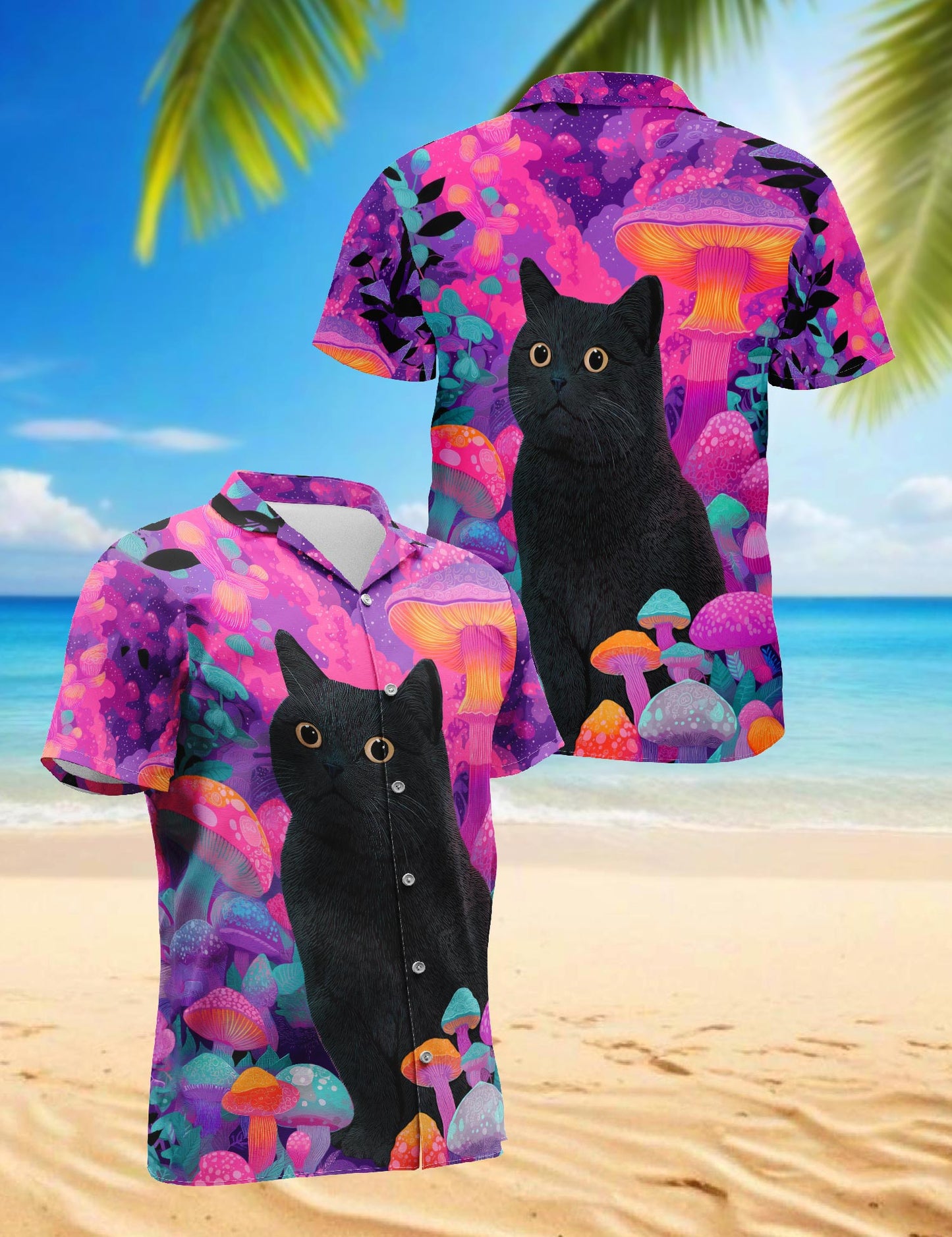 Black Cat Mushroom Hawaiian Shirt for Men, Button Down Aloha Shirt - Azhawaiian