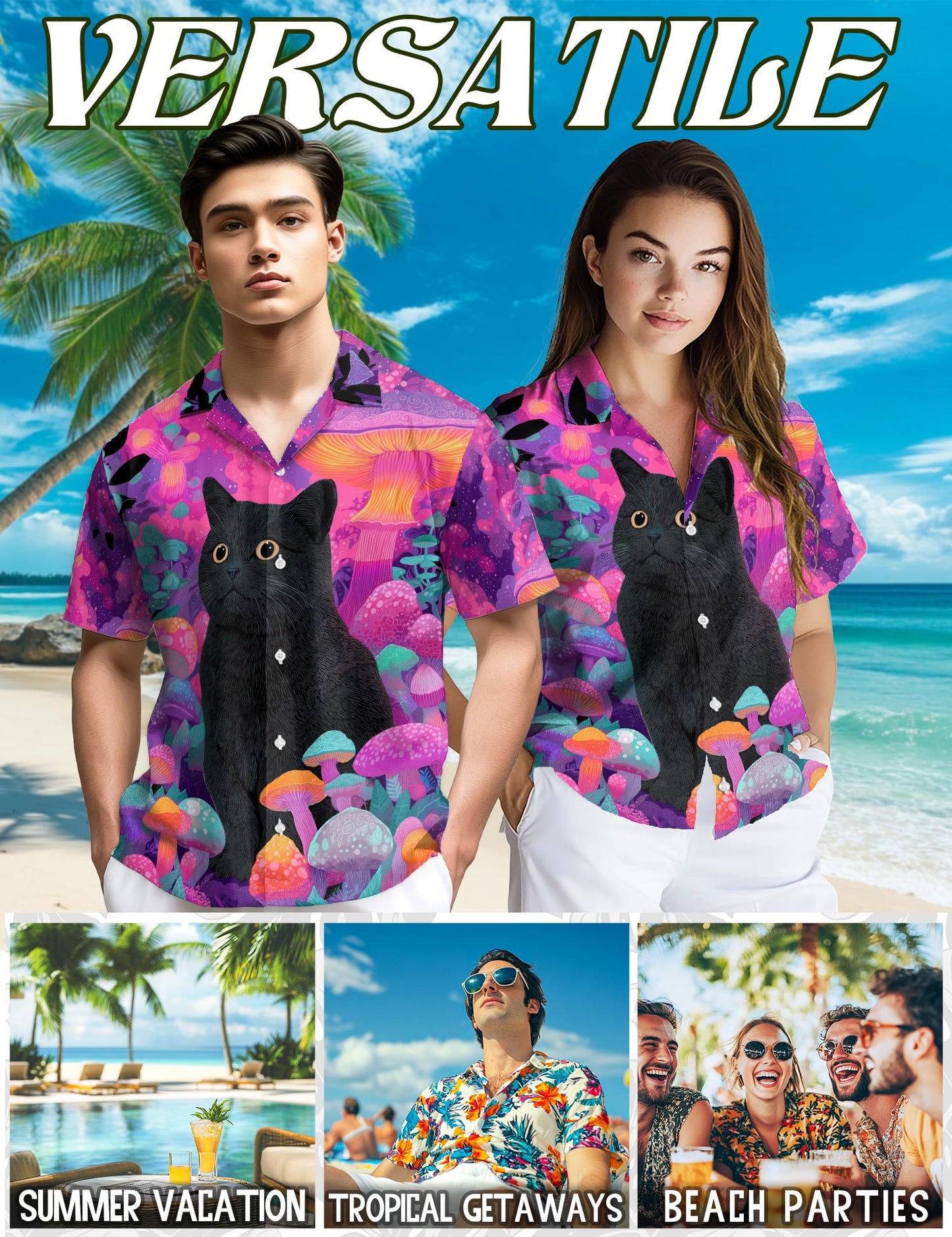 Black Cat Mushroom Hawaiian Shirt for Men, Button Down Aloha Shirt - Azhawaiian