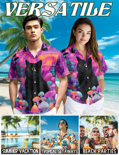 Black Cat Mushroom Hawaiian Shirt for Men, Button Down Aloha Shirt - Azhawaiian