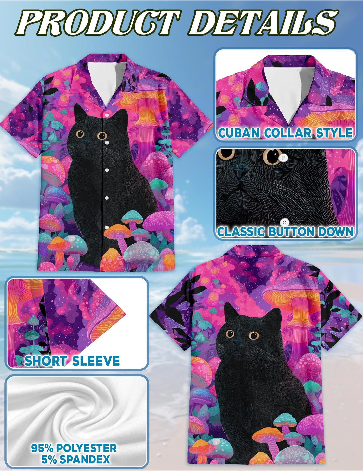 Black Cat Mushroom Hawaiian Shirt for Men, Button Down Aloha Shirt - Azhawaiian