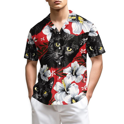 Azhawaiian Black Cat Tropical Floral Hawaiian Shirt for Men