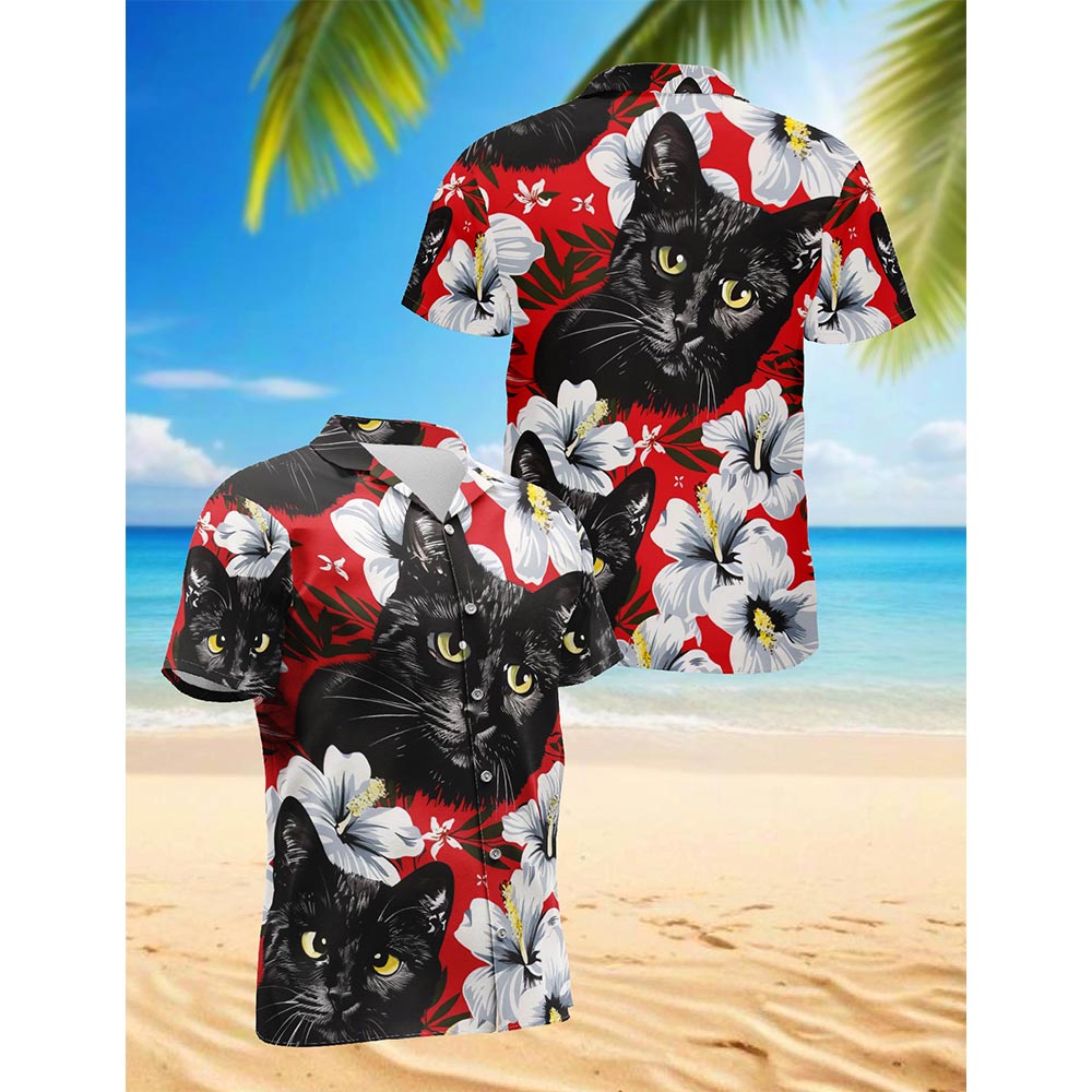 Black Cat Tropical Floral Hawaiian Shirt for Men, Button Down Aloha Shirt - Azhawaiian