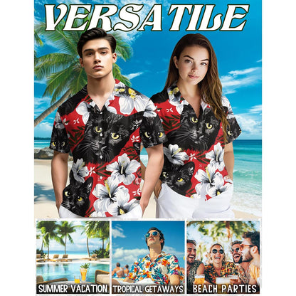 Black Cat Tropical Floral Hawaiian Shirt for Men, Button Down Aloha Shirt - Azhawaiian