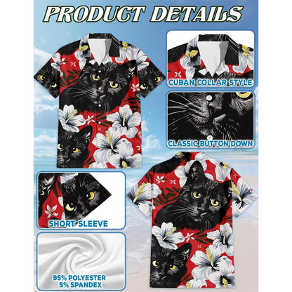 Black Cat Tropical Floral Hawaiian Shirt for Men, Button Down Aloha Shirt - Azhawaiian