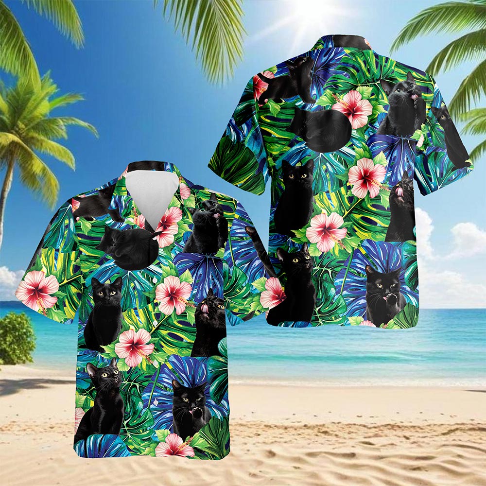 Black Cat Tropical Hawaiian Shirt for Men, Button Down Aloha Shirt - Azhawaiian