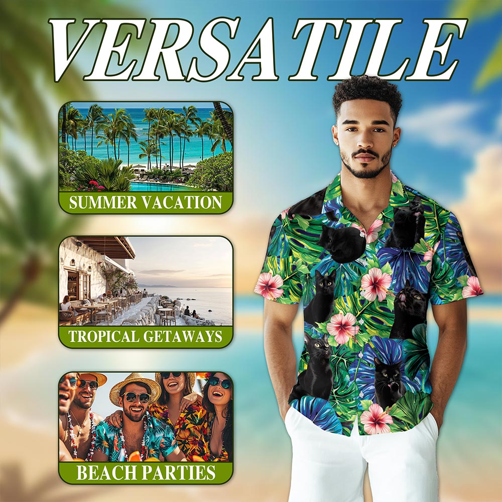 Black Cat Tropical Hawaiian Shirt for Men, Button Down Aloha Shirt - Azhawaiian
