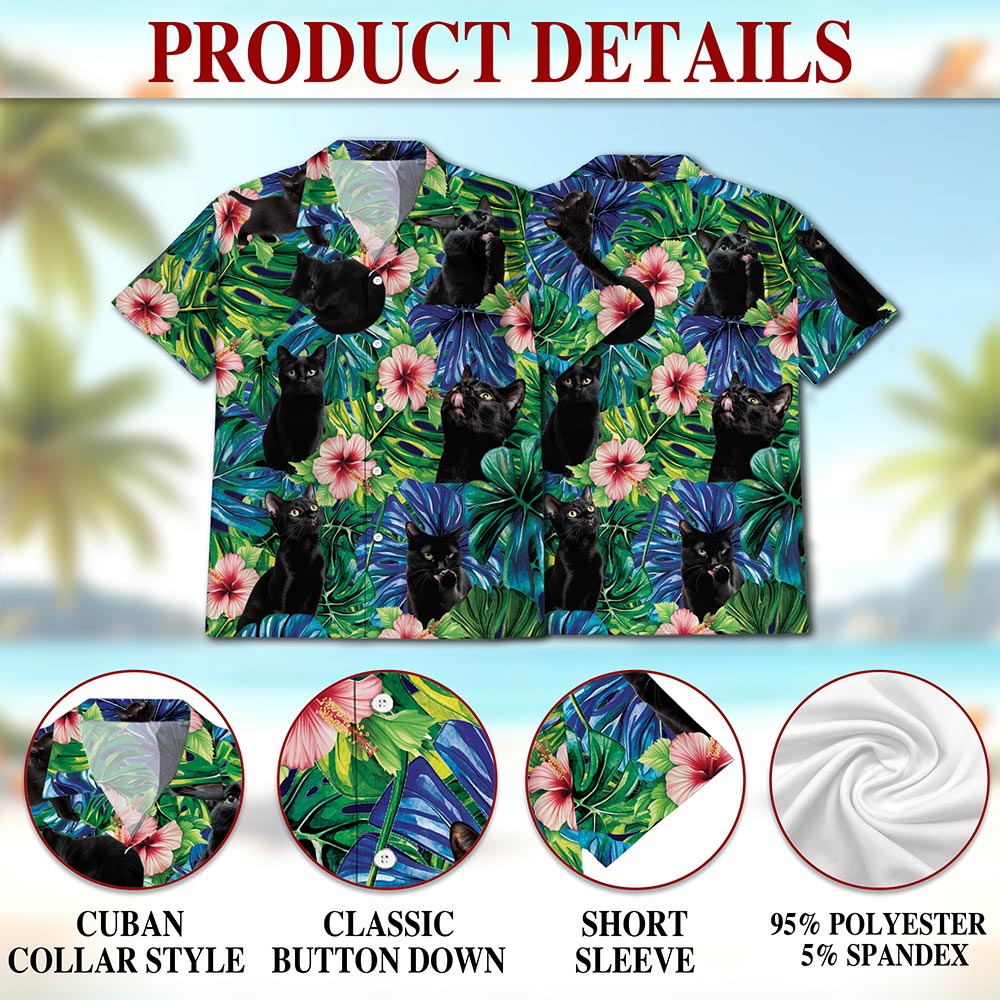 Black Cat Tropical Hawaiian Shirt for Men, Button Down Aloha Shirt - Azhawaiian