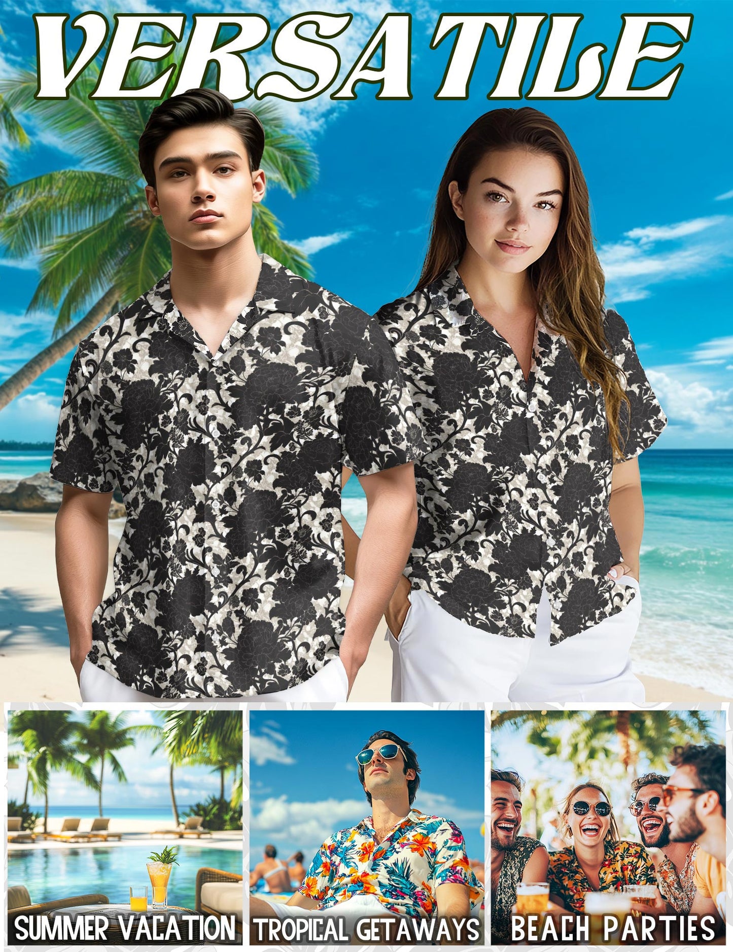 Black Gothic Floral Hawaiian Shirt for Men, Button Down Aloha Shirt - Azhawaiian
