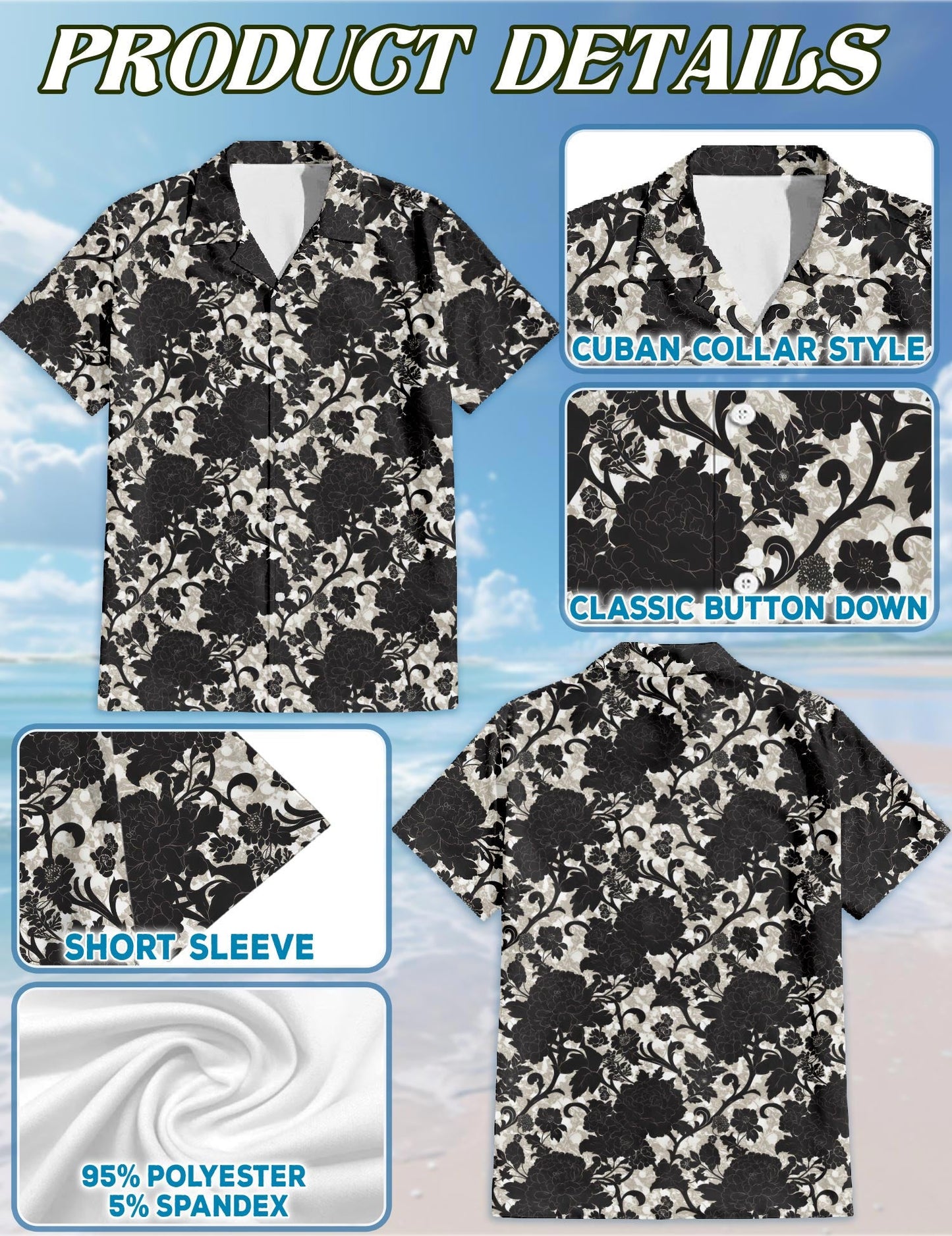 Black Gothic Floral Hawaiian Shirt for Men, Button Down Aloha Shirt - Azhawaiian
