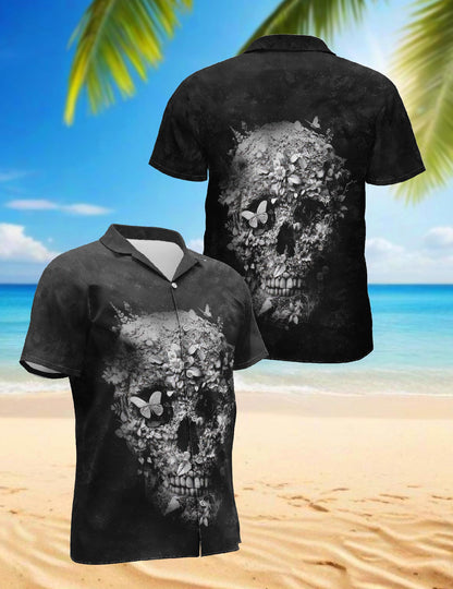 Black Skull Flower Hawaiian Shirt for Men, Button Down Aloha Shirt - Azhawaiian