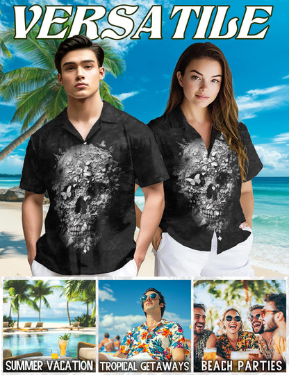 Black Skull Flower Hawaiian Shirt for Men, Button Down Aloha Shirt - Azhawaiian
