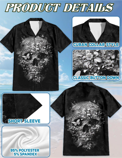 Black Skull Flower Hawaiian Shirt for Men, Button Down Aloha Shirt - Azhawaiian