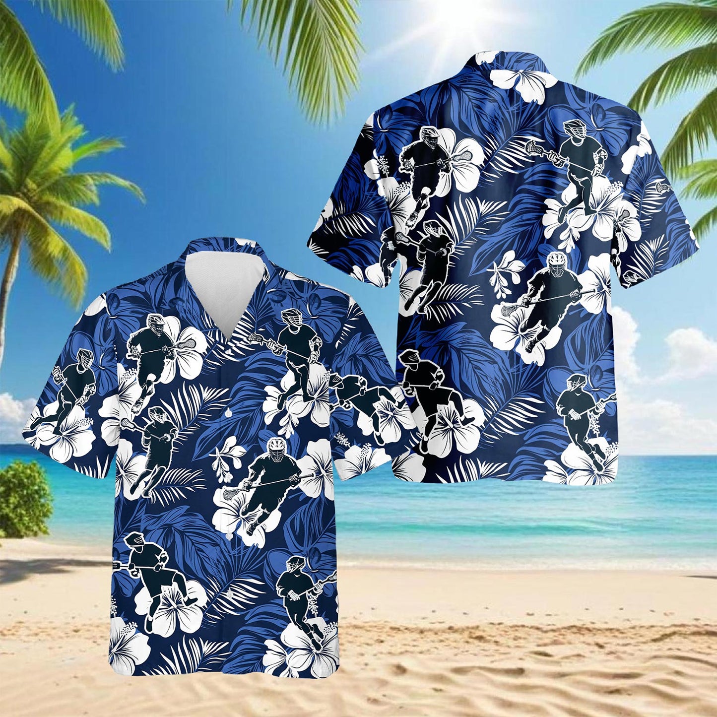 Blue Black Lacrosse Hawaiian Shirt for Men, Button Down Aloha Shirt - Azhawaiian