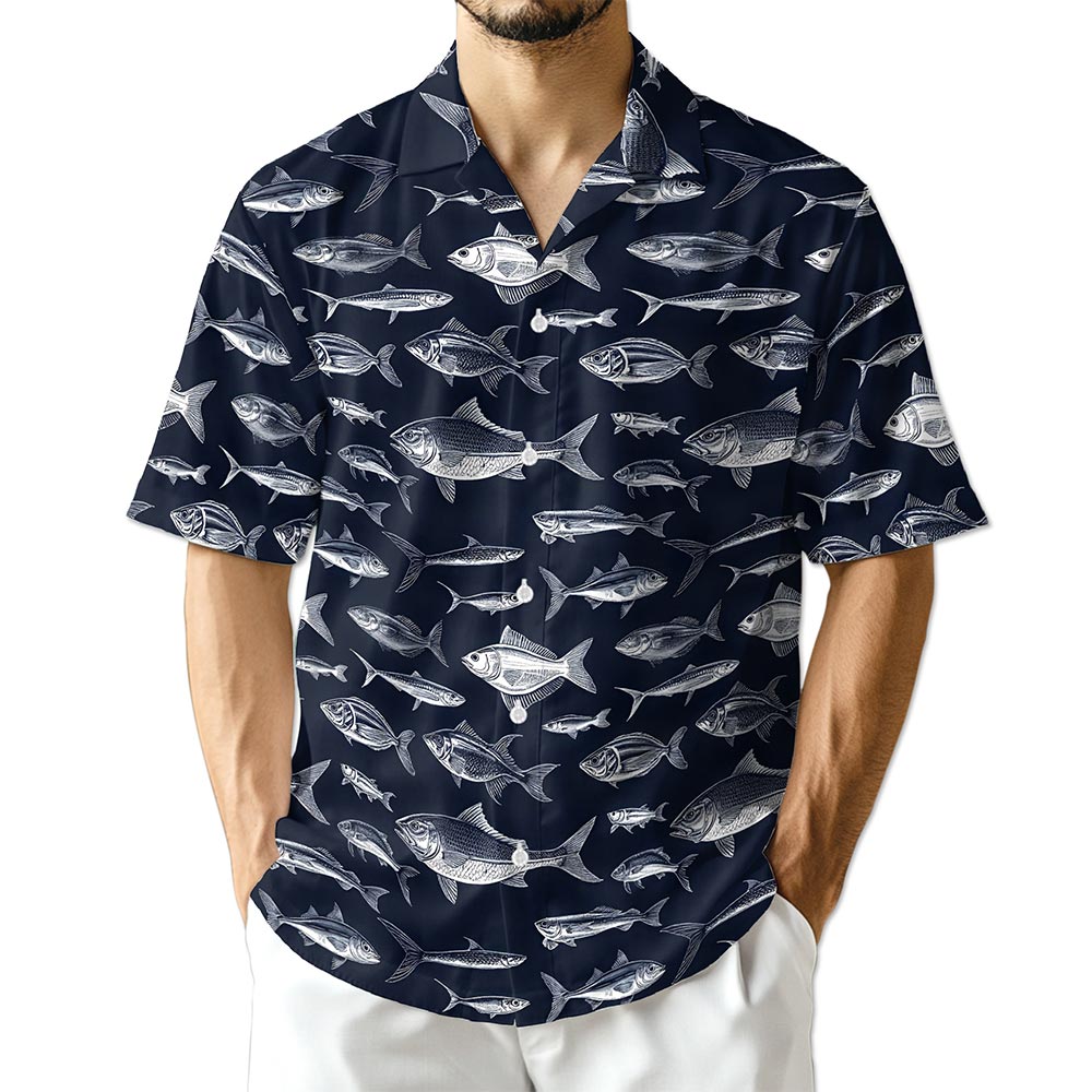 Azhawaiian Blue Fish Pattern Hawaiian Shirt for Men