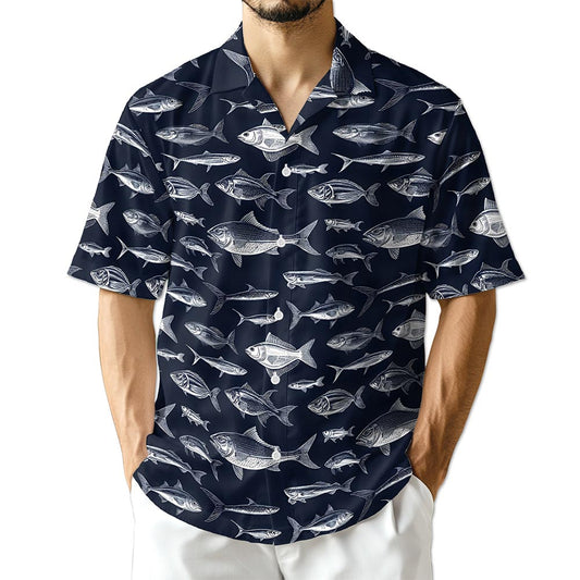 Azhawaiian Blue Fish Pattern Hawaiian Shirt for Men