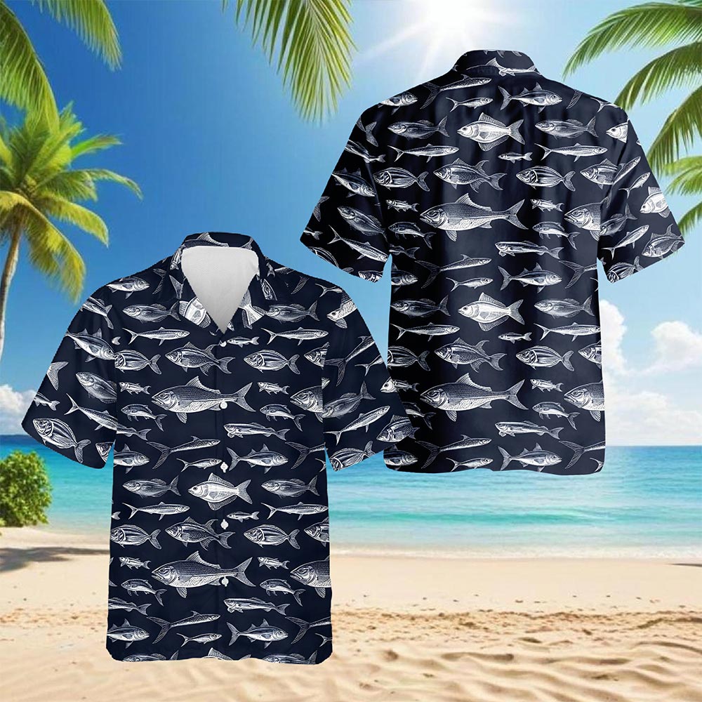 Blue Fish Pattern Hawaiian Shirt for Men, Button Down Aloha Shirt - Azhawaiian