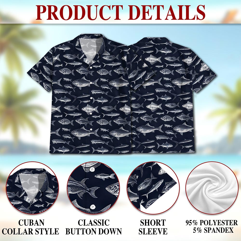 Blue Fish Pattern Hawaiian Shirt for Men, Button Down Aloha Shirt - Azhawaiian