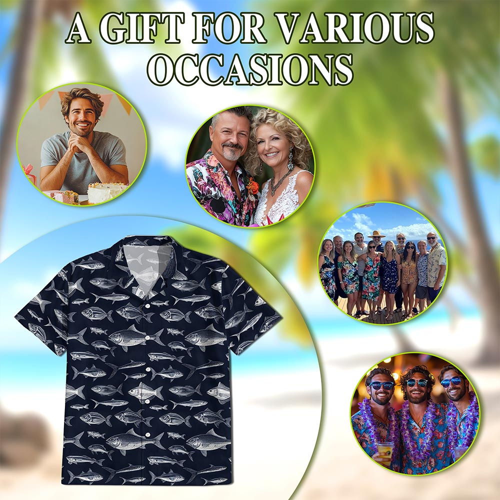 Blue Fish Pattern Hawaiian Shirt for Men, Button Down Aloha Shirt - Azhawaiian