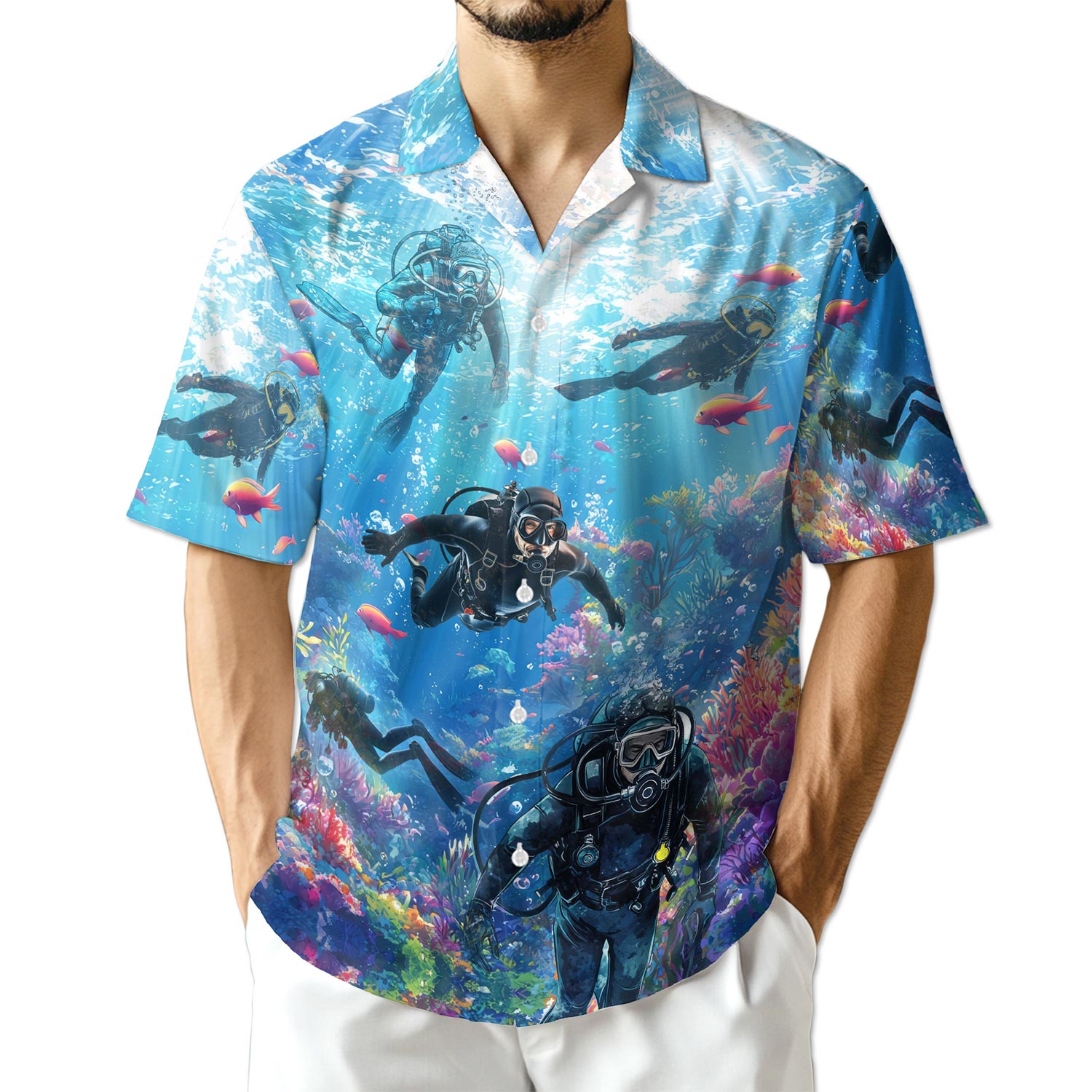 Azhawaiian Blue Scuba Diving And Coral Reefs Hawaiian Shirt for Men
