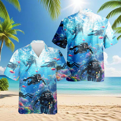 Blue Scuba Diving And Coral Reefs Hawaiian Shirt for Men, Button Down Aloha Shirt - Azhawaiian