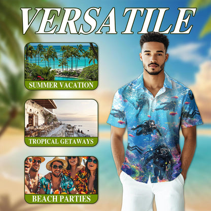 Blue Scuba Diving And Coral Reefs Hawaiian Shirt for Men, Button Down Aloha Shirt - Azhawaiian