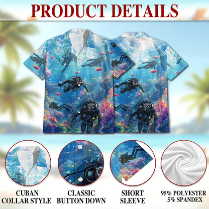 Blue Scuba Diving And Coral Reefs Hawaiian Shirt for Men, Button Down Aloha Shirt - Azhawaiian