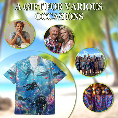Blue Scuba Diving And Coral Reefs Hawaiian Shirt for Men, Button Down Aloha Shirt - Azhawaiian