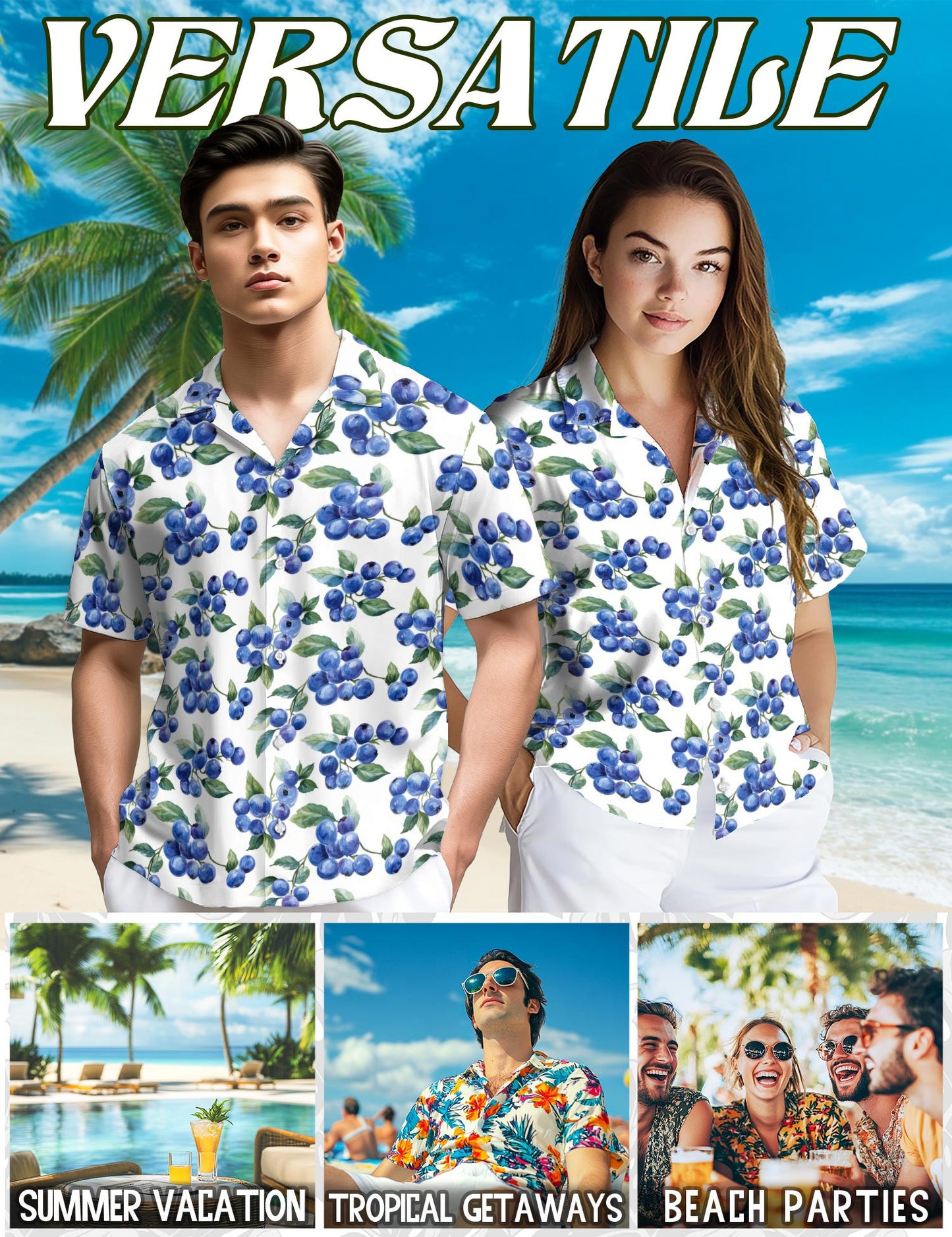 Blueberry Pattern Hawaiian Shirt for Men, Button Down Aloha Shirt - Azhawaiian