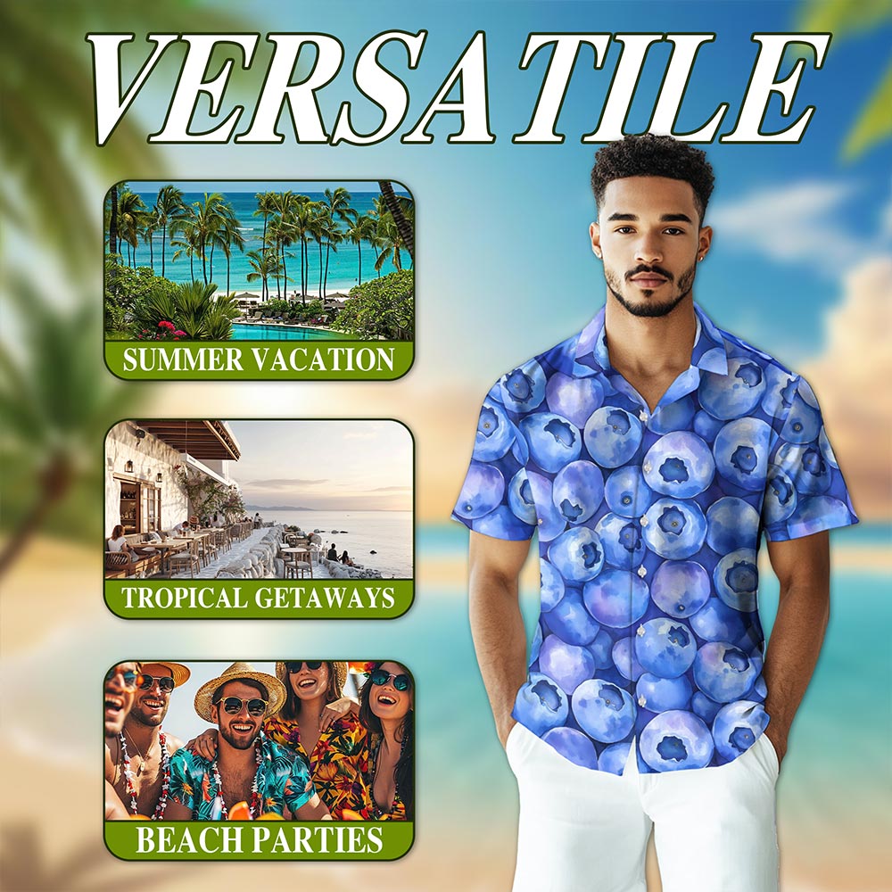 Blueberry Pattern Hawaiian Shirt for Men, Button Down Aloha Shirt - Azhawaiian