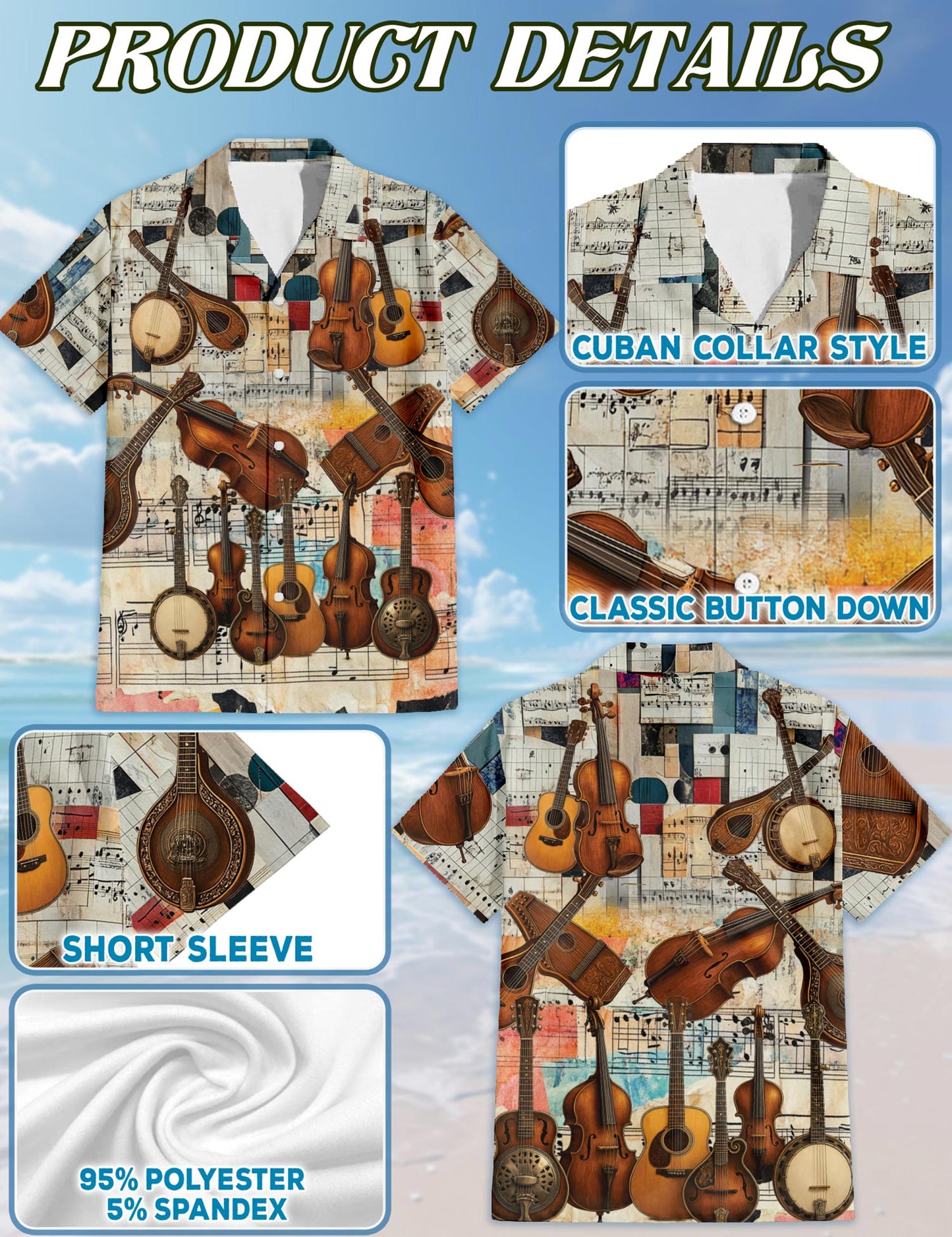 Bluegrass Music Hawaiian Shirt for Men, Button Down Aloha Shirt - Azhawaiian
