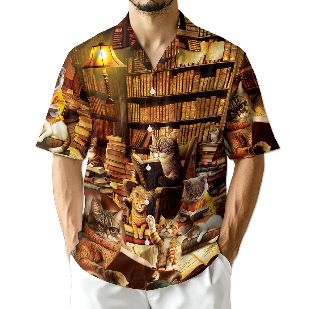 Azhawaiian Book and Cat Hawaiian Shirt for Men