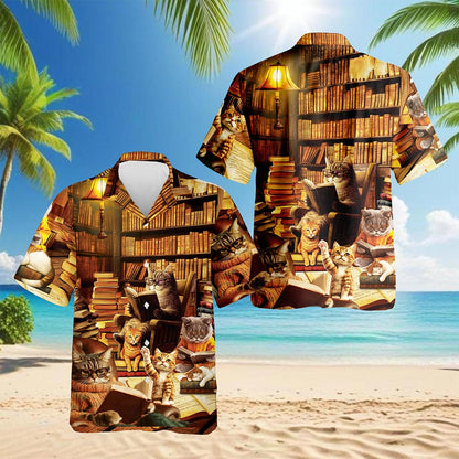 Book and Cat Hawaiian Shirt for Men, Button Down Aloha Shirt - Azhawaiian