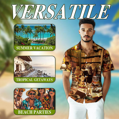 Book and Cat Hawaiian Shirt for Men, Button Down Aloha Shirt - Azhawaiian