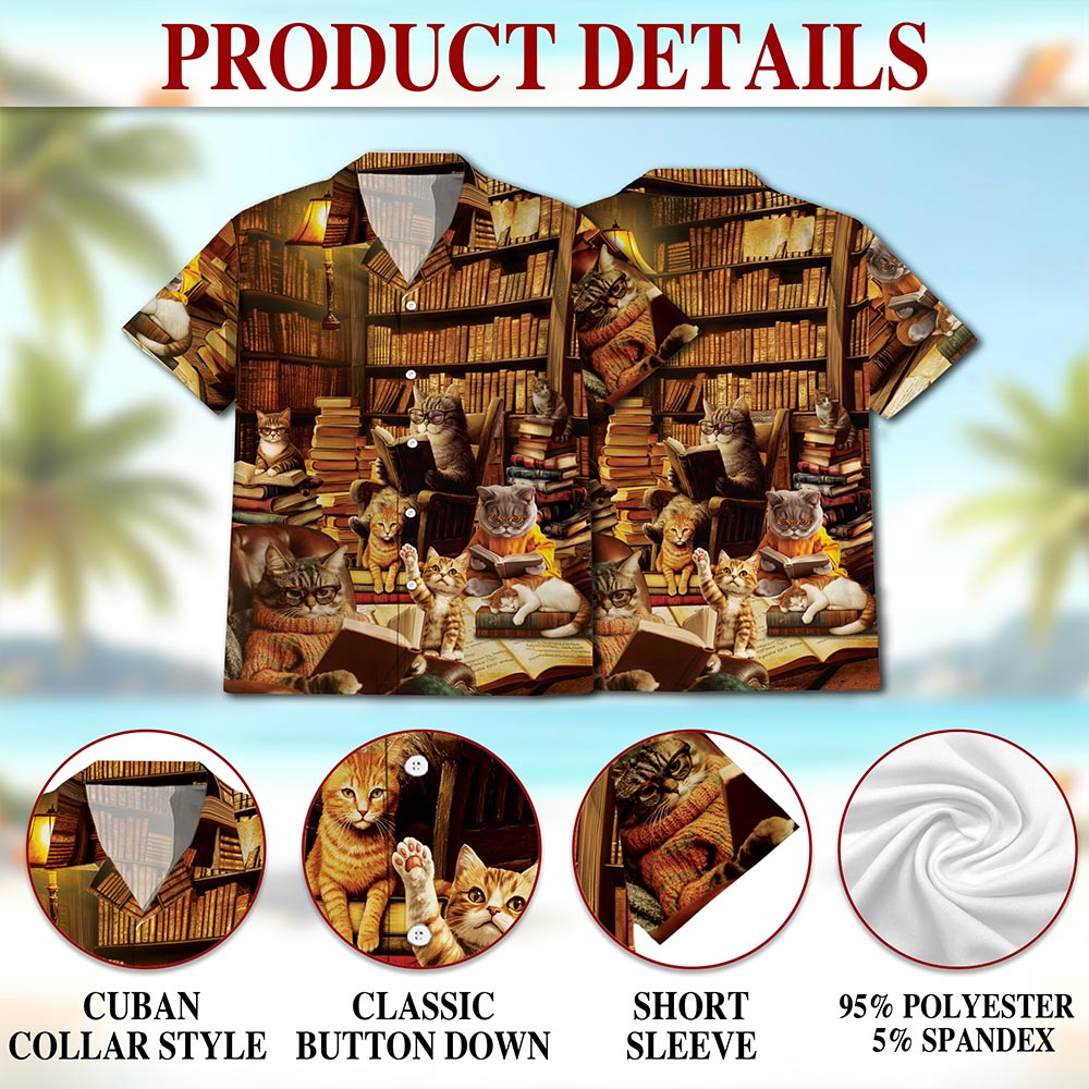 Book and Cat Hawaiian Shirt for Men, Button Down Aloha Shirt - Azhawaiian
