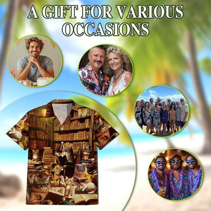 Book and Cat Hawaiian Shirt for Men, Button Down Aloha Shirt - Azhawaiian