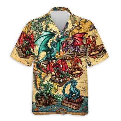 Dragon and Book Hawaiian Shirt for Men, Bookworm Button Down Aloha Shirt - Azhawaiian