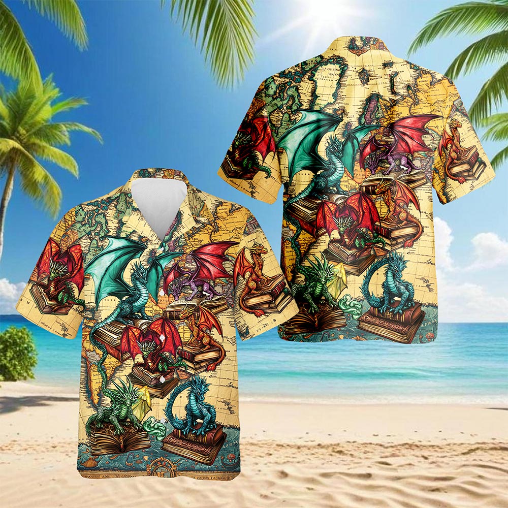 Dragon and Book Hawaiian Shirt for Men, Bookworm Button Down Aloha Shirt - Azhawaiian