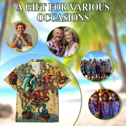 Dragon and Book Hawaiian Shirt for Men, Bookworm Button Down Aloha Shirt - Azhawaiian