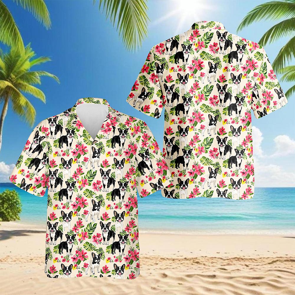 Boston Terrier Hawaiian Shirt for Men, Button Down Aloha Shirt - Azhawaiian