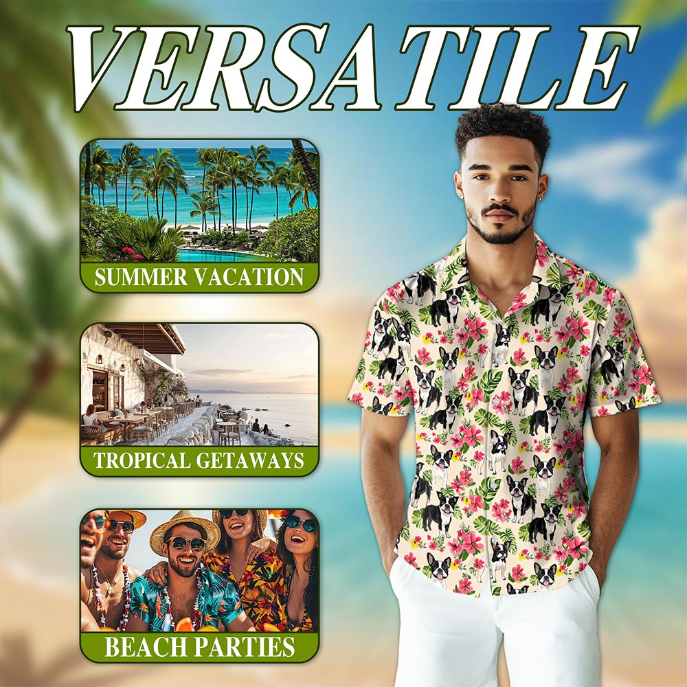 Boston Terrier Hawaiian Shirt for Men, Button Down Aloha Shirt - Azhawaiian