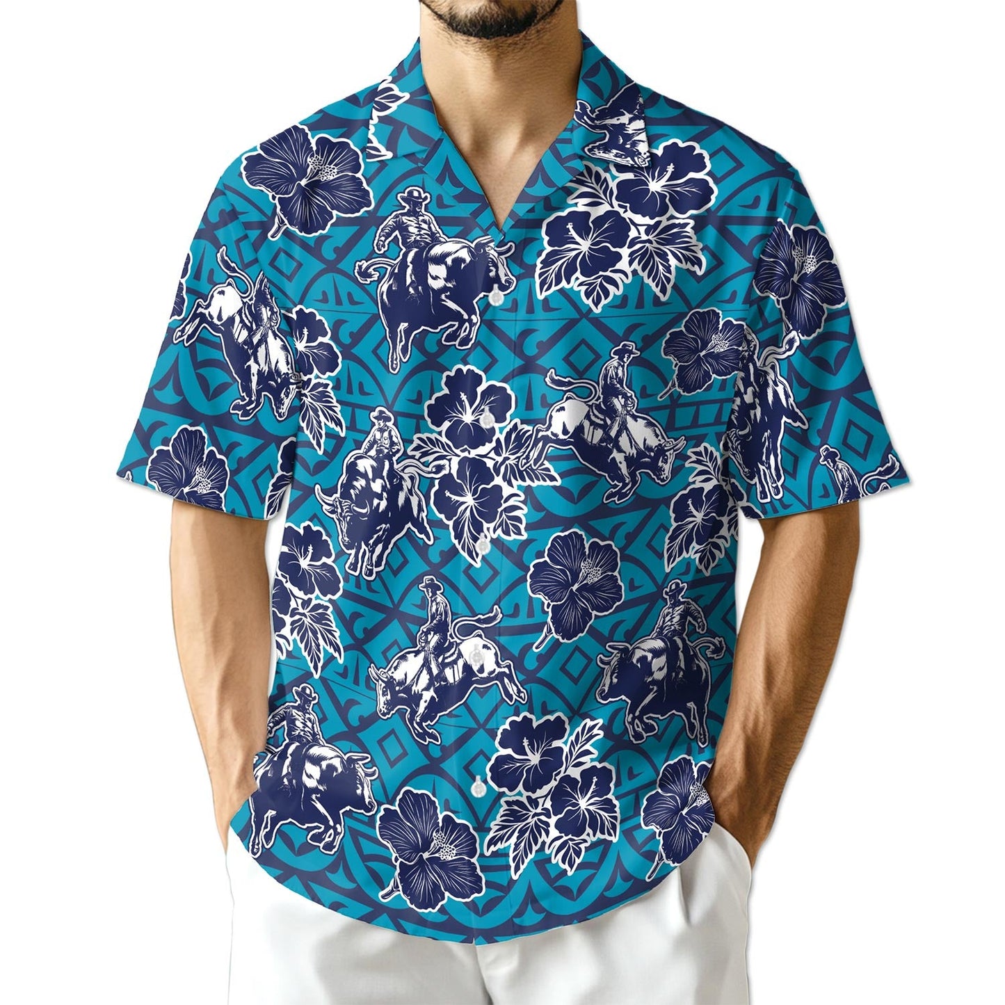 Azhawaiian Bull Riding Blue Ancient Hawaiian Shirt for Men
