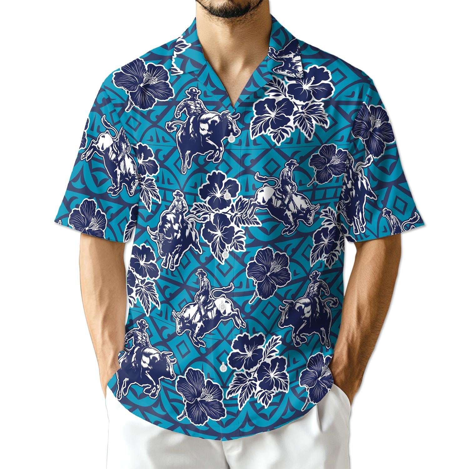 Azhawaiian Bull Riding Blue Ancient Hawaiian Shirt for Men