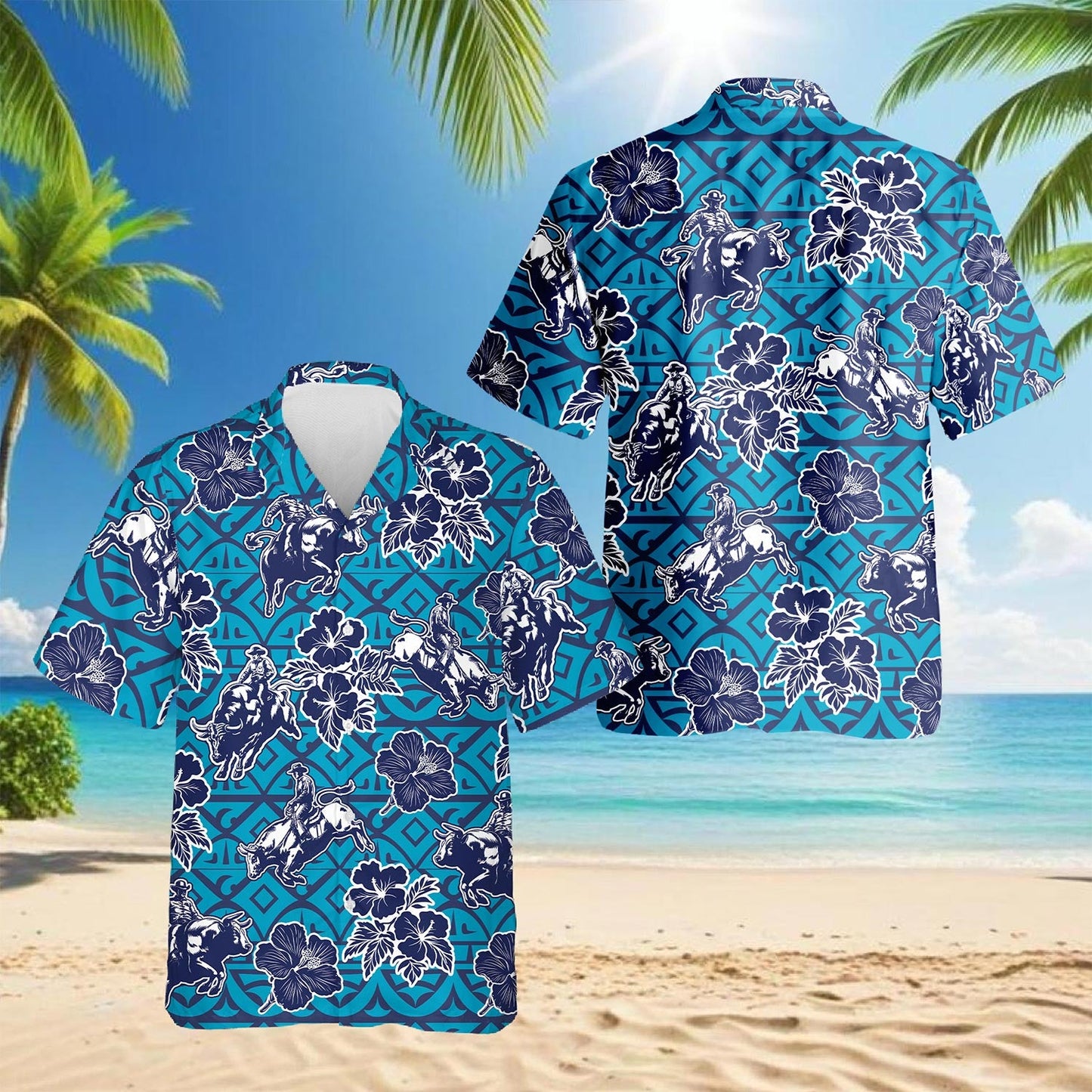 Bull Riding Blue Ancient Hawaiian Shirt for Men, Button Down Aloha Shirt - Azhawaiian