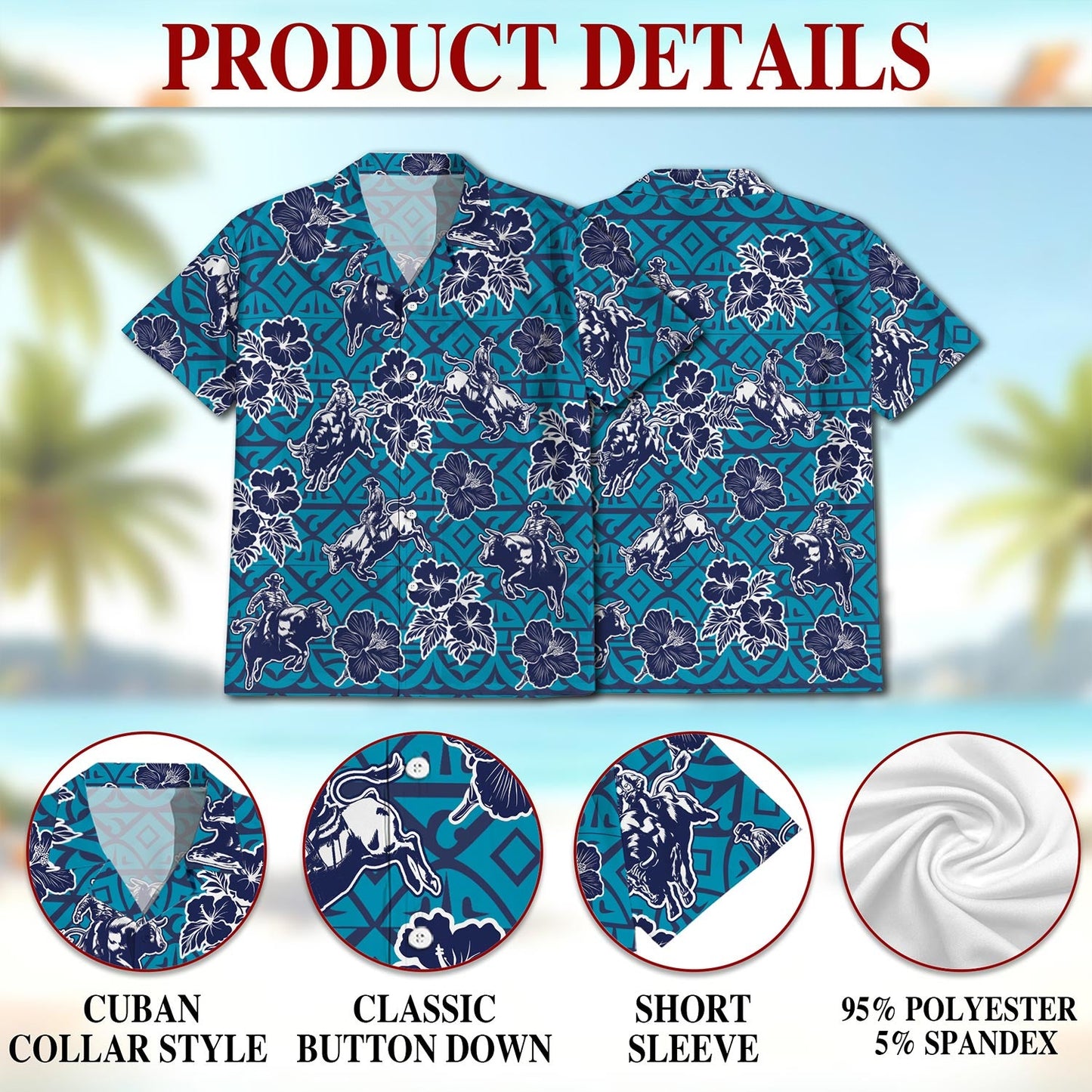 Bull Riding Blue Ancient Hawaiian Shirt for Men, Button Down Aloha Shirt - Azhawaiian