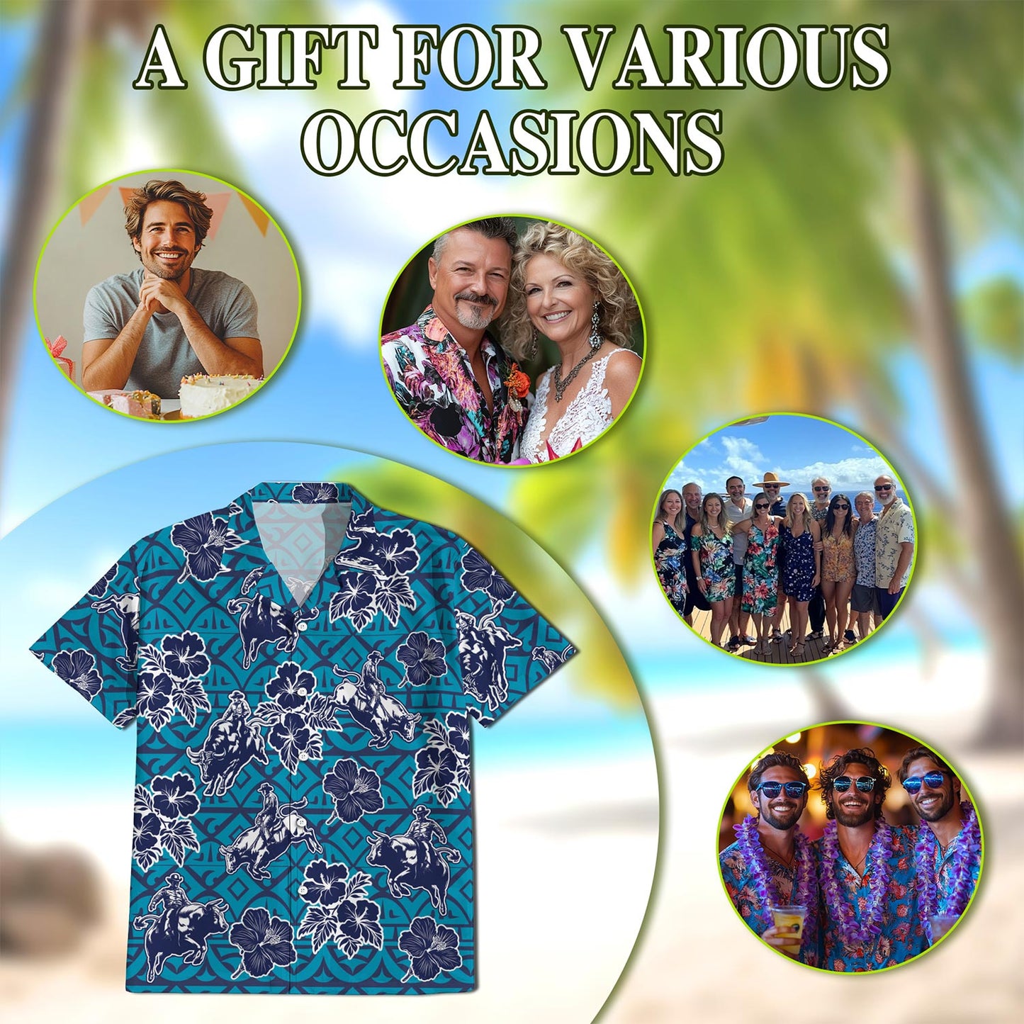 Bull Riding Blue Ancient Hawaiian Shirt for Men, Button Down Aloha Shirt - Azhawaiian