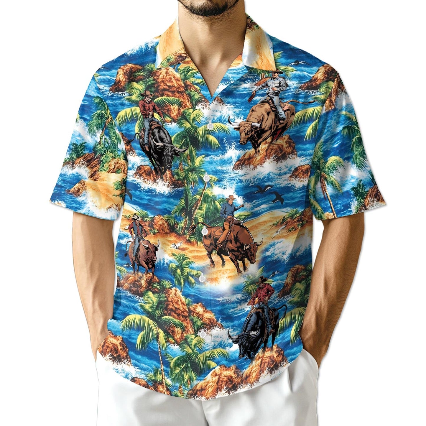 Azhawaiian Bull Riding On Beach Hawaiian Shirt for Men