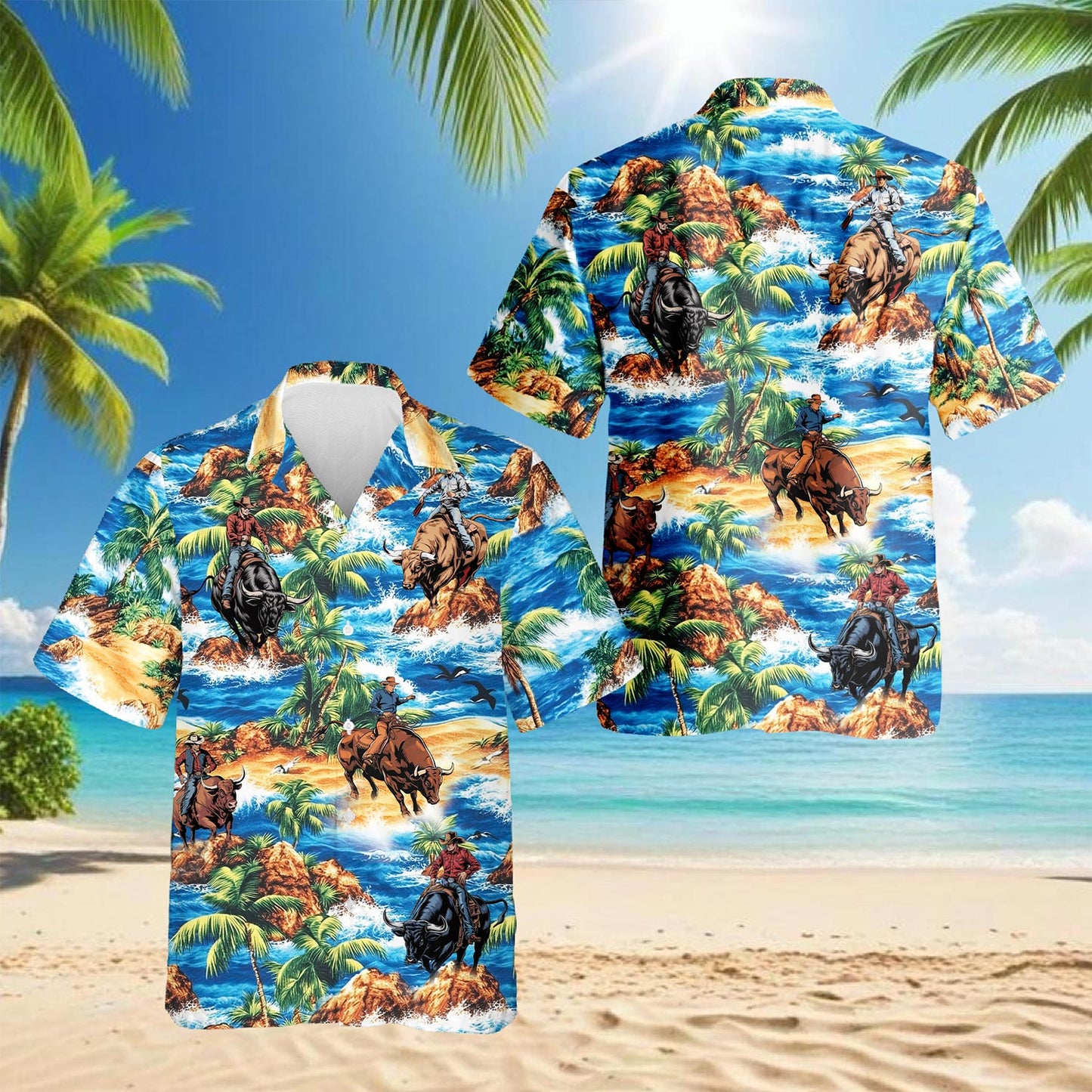 Bull Riding On Beach Hawaiian Shirt for Men, Button Down Aloha Shirt - Azhawaiian