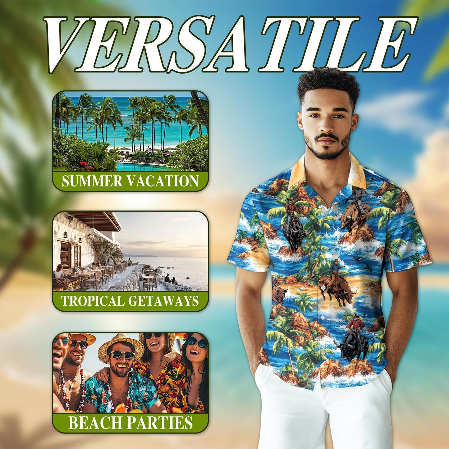 Bull Riding On Beach Hawaiian Shirt for Men, Button Down Aloha Shirt - Azhawaiian